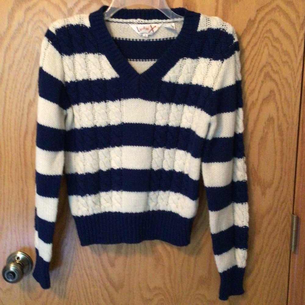 Licorice - Classic Blue & White (Cream) Stripe V-Neck Pullover Sweater